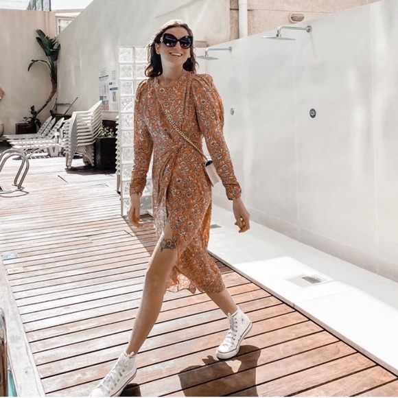 Zara FLORAL PRINTED DRAPED MIDI Flowy DRESS Long Sleeve Puff Shoulders Sz XS NEW - Picture 6 of 16